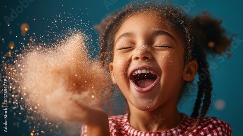 A young girl laughs heartily as glitter falls around her, making a moment of magic and excitement, captured with precision in a brightly lit atmosphere.