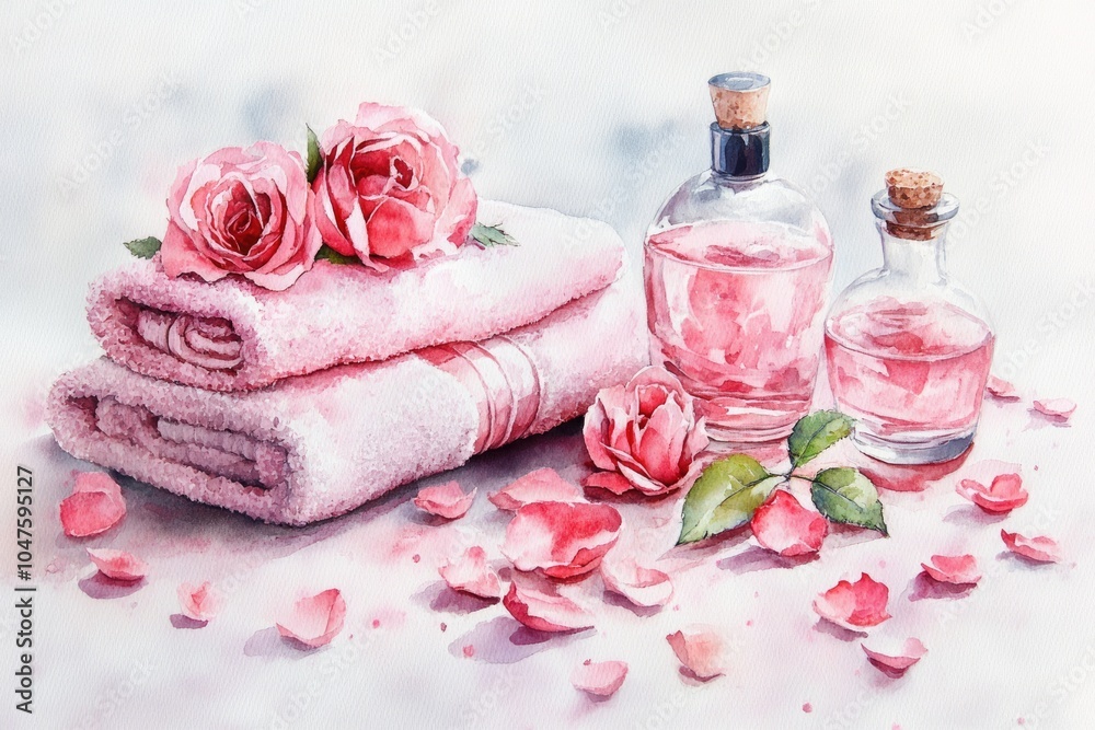 Luxurious Spa Bathing Experience with Rose Petals and Natural Hygiene Accessories. Watercolor Hand Drawing Luxurious Spa Bathing Experience with Rose Petals and Natural Hygiene Accessories. Watercolor Hand Drawing