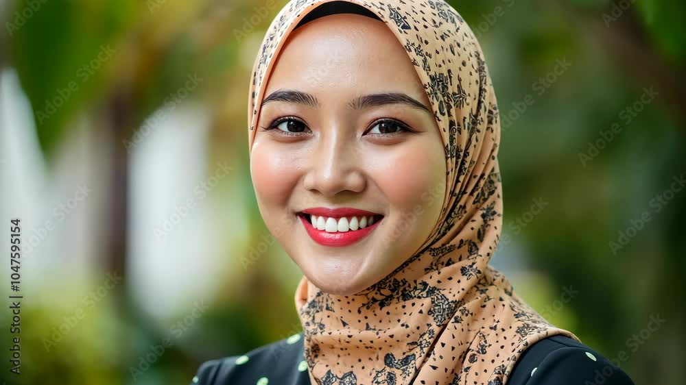 A woman wearing a floral headscarf smiles brightly in a park A woman wearing a floral headscarf smiles brightly in a park