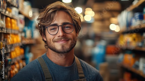 blurred shelves filled with colorful products create a defocused background, while a cheerful hardware store employee stands out with a bright smile, illuminated by warm, inviting lighting photo