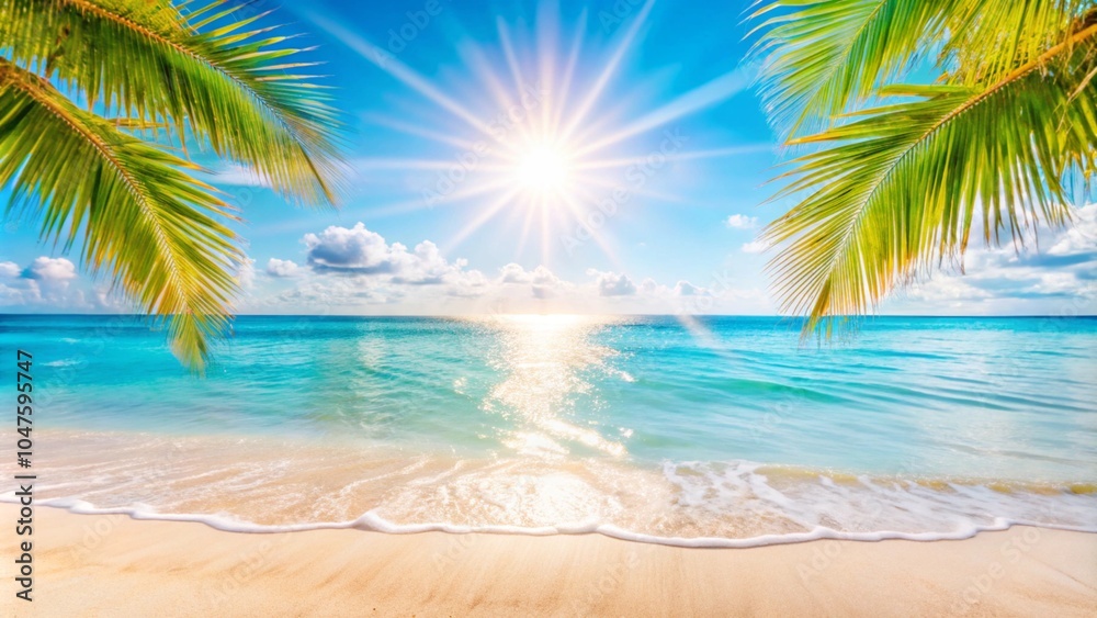A mesmerizing tropical beach with swaying coconut palm trees, clear turquoise water, and a picturesque sunny sky. Stunning 3D Tropical Beach Scene with Mesmerizing Waves and Swaying Palm Trees A mesmerizing tropical beach with swaying coconut palm trees, clear turquoise water, and a picturesque sunny sky. Stunning 3D Tropical Beach Scene with Mesmerizing Waves and Swaying Palm Trees