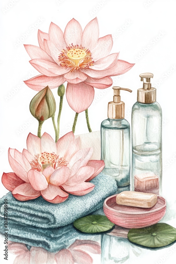 Luxury Wellness Spa. Natural Bath Accessories with Lotus Flower. Hand Drawn Watercolor Illustration Luxury Wellness Spa. Natural Bath Accessories with Lotus Flower. Hand Drawn Watercolor Illustration