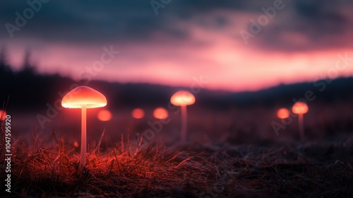 This mystical landscape captures glowing mushrooms gently lighting up a field at twilight, offering a magical and serene spectacle in the fading light of day. photo