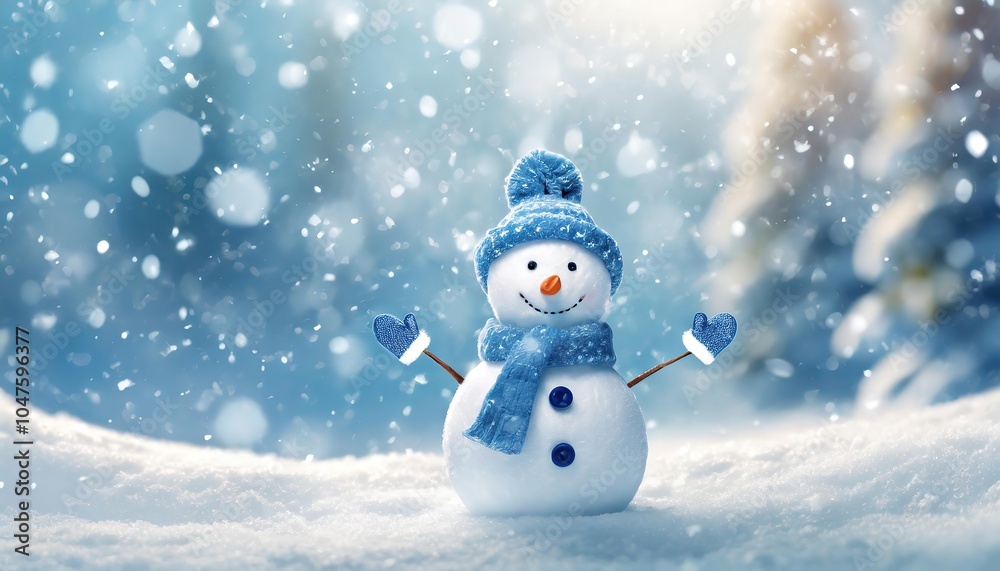 Happy snowman in winter scene with snow falling Happy snowman in winter scene with snow falling