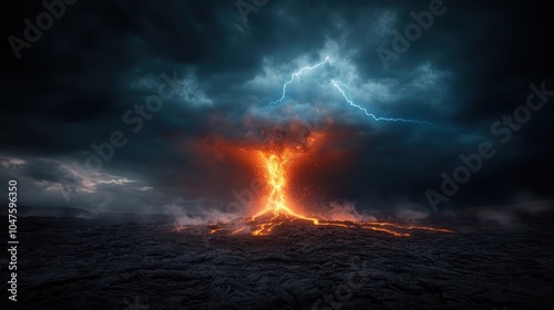 A vibrant volcanic eruption dominates the scene, with fiery lava contrasting against the dark, stormy sky, and a bolt of lightning adding dramatic impact.