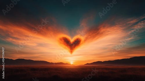 A breathtaking heart-shaped cloud graces a vibrant sunset over a grassy field, symbolizing love, beauty, and peace in a mesmerizing natural spectacle. photo