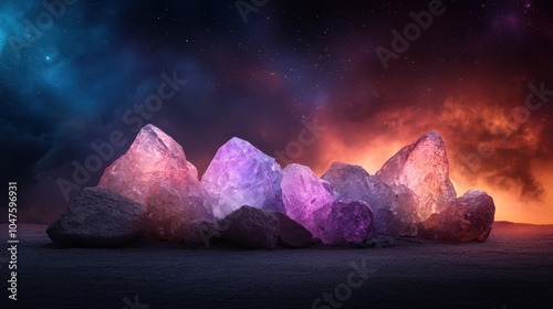 Vibrant, glowing crystals sit on a dark earth-like surface, illuminated by a cosmic-style sky, merging elements of earthly minerals and the vast universe in harmony. photo