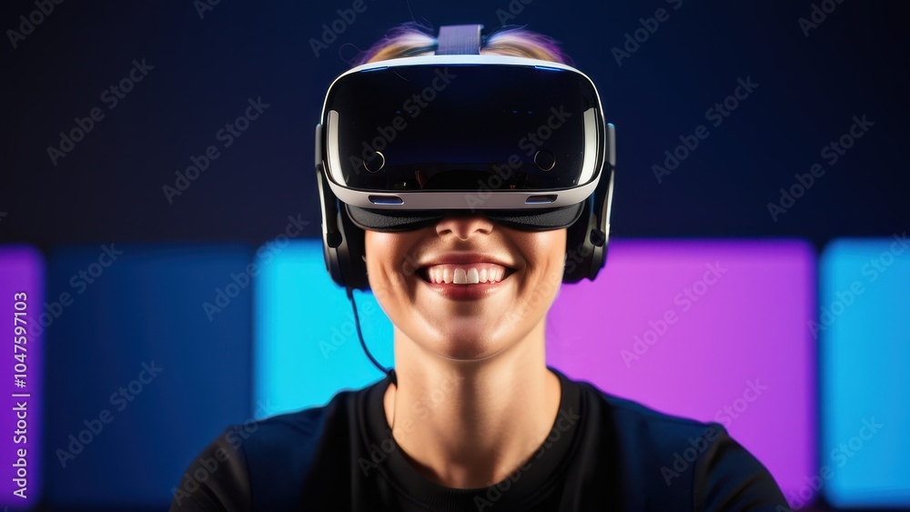The image captures a smiling user exploring a virtual environment through a state-of-the-art VR headset, highlighting the excitement and possibilities of immersive experiences in modern technology. The image captures a smiling user exploring a virtual environment through a state-of-the-art VR headset, highlighting the excitement and possibilities of immersive experiences in modern technology.