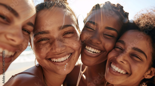 Diverse Women Smiling Together on a Sunny Beach. Concept of Friendship, Joy, Diversity, and Outdoor Happiness