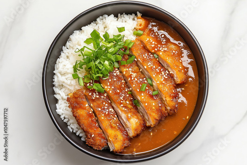 delicious katsu curry on white rice topped with green onions and sesame in a dark bowl, perfect for asian cuisine enthusiasts