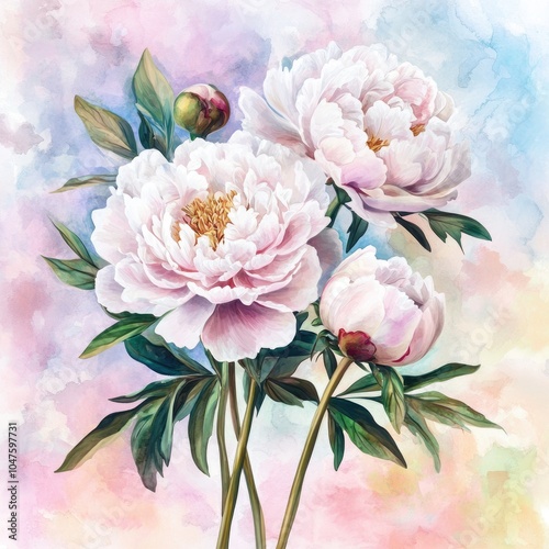 Romantic Pink Peony Flowers Watercolor Illustration with Aroma Essential Oil Bottle on White Background