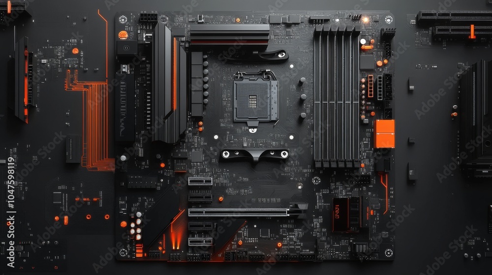 A black and orange motherboard with a CPU socket, RAM slots, and various other components. A black and orange motherboard with a CPU socket, RAM slots, and various other components.