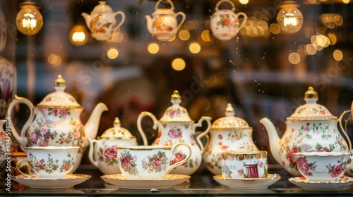 Elegant Display of Vintage Floral Porcelain Teapots and Teacups in a kitchenware Store Window. Concept of Antique Charm, Tea Time Elegance, Decorative Tableware, Crockery, and Sophisticated Shopping