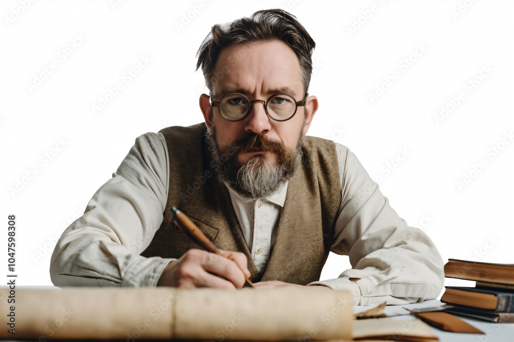 Historian is carefully writing on a scroll with a dip pen, surrounded by books and documents Historian is carefully writing on a scroll with a dip pen, surrounded by books and documents