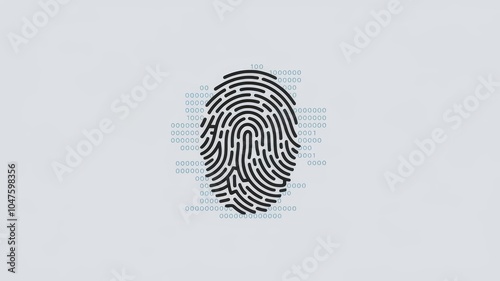 Minimalistic abstract illustration of a fingerprint pattern integrated with binary code and digital nodes, symbolizing personal data security, identity protection, and biometric access. photo