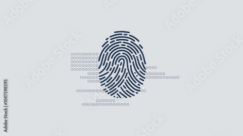 Minimalistic abstract illustration of a fingerprint pattern integrated with binary code and digital nodes, symbolizing personal data security, identity protection, and biometric access. photo