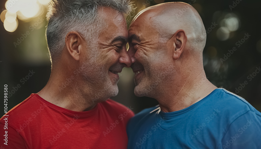 Fototapeta premium two senior gay men hugging and kissing on, mature adult romantic love, lgbt relationship and family concept