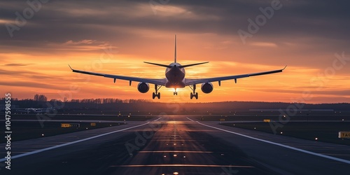 An airplane gracefully lands on a runway amidst a stunning sunset, capturing motion and splendor.