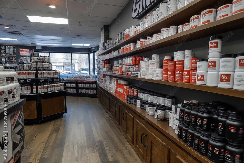 GNC supplement store, with a few protein and kreatine products on the cashier GNC supplement store, with a few protein and kreatine products on the cashier