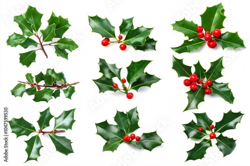 Nine different sprigs of European holly with red berries forming a Christmas decoration on a white background