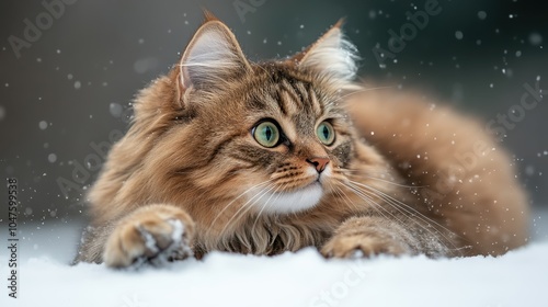 A long-haired cat, with soft fur, lounges elegantly in the snow as delicate flakes fall around its vibrant green eyes, creating a peaceful winter scene outdoors.