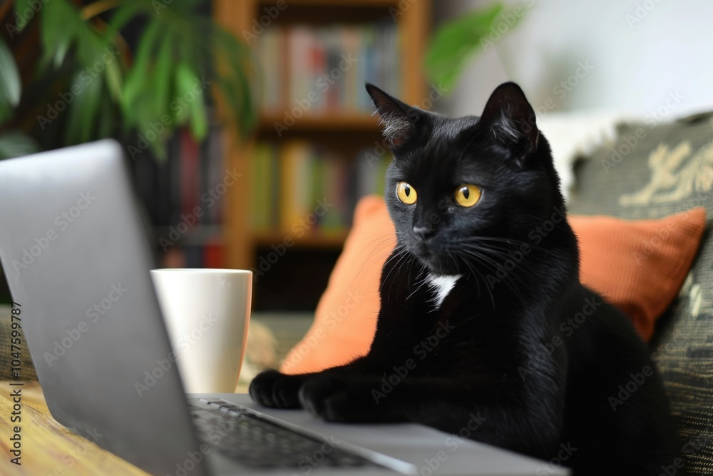 Black cat with yellow eyes working remotely from a home office using a laptop computer Black cat with yellow eyes working remotely from a home office using a laptop computer