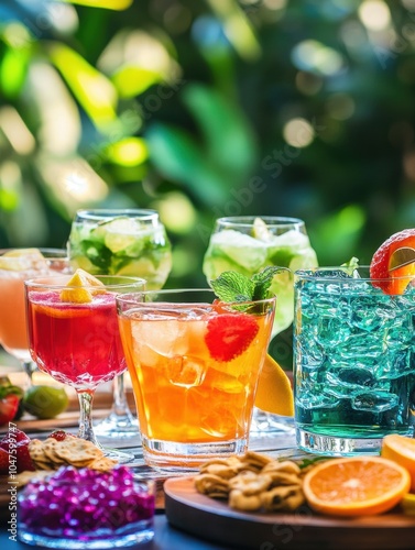 Brightly colored cocktails and a variety of tasty snacks invite guests to enjoy a cheerful summer gathering in the sunshine. Generative AI