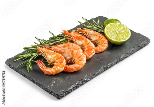 Shrimps with lemon. Seafood concept style. Top view