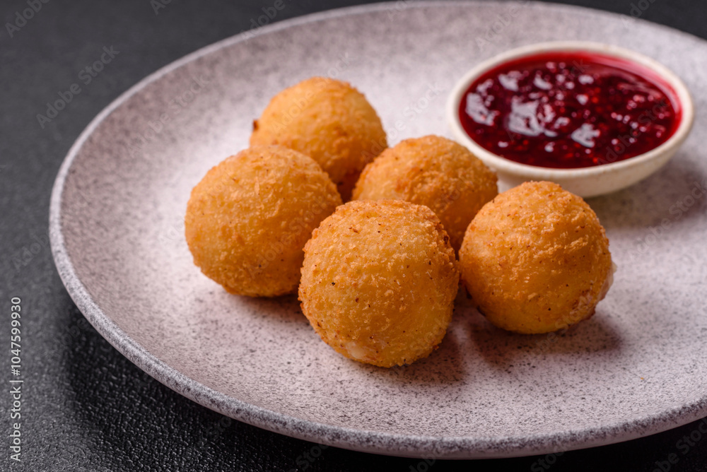 French fries balls with breaded brie or camembert cheese with sweet berry sauce French fries balls with breaded brie or camembert cheese with sweet berry sauce