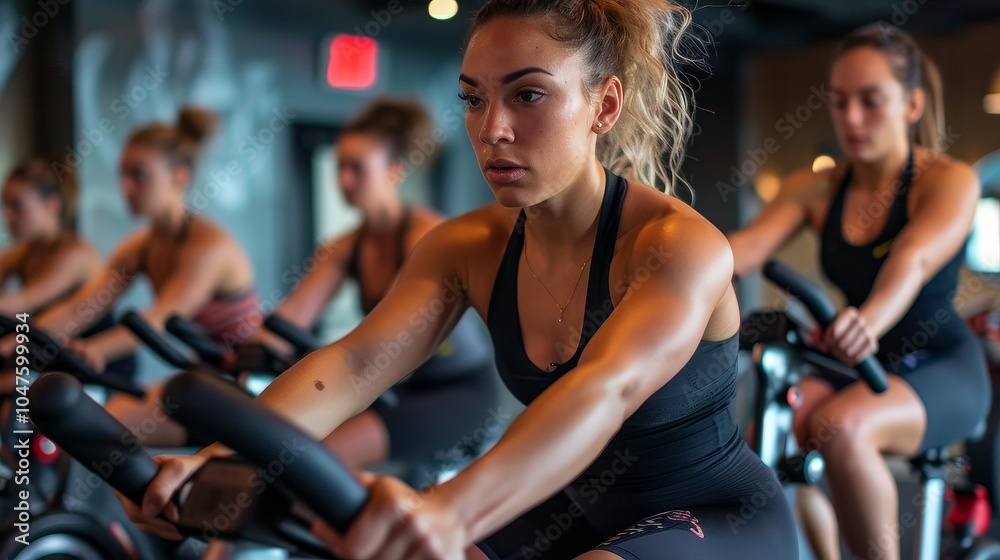 Fototapeta premium Spinning Class Guided by Instructor