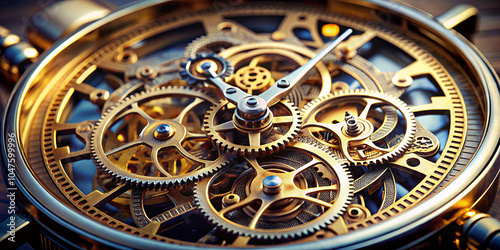 A close-up view reveals the intricate mechanism inside a vintage mechanical watch, highlighting the delicate gears and artistry of its design, emphasizing precision and timekeeping