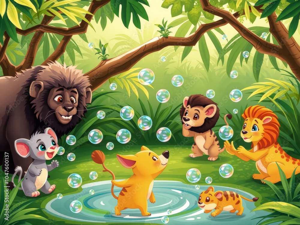 Fototapeta premium A group of cartoon animals playing in a pond. The animals include a lion, a tiger, a bear, and a mouse