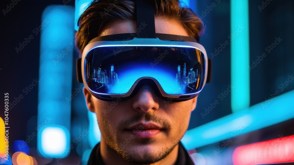 A person immersed in a futuristic virtual reality, wearing a VR headset reflecting a bright digital cityscape filled with glowing skyscrapers and neon lights. A person immersed in a futuristic virtual reality, wearing a VR headset reflecting a bright digital cityscape filled with glowing skyscrapers and neon lights.