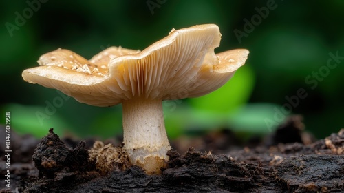 A detailed close-up image of a mushroom growing on a piece of moist dark forest soil, showcasing its textured cap and stem in a natural setting.