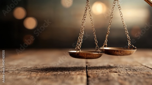 A pair of rustic bronze scales hang elegantly against a blurred background, representing the concept of balance and fairness with warm, vintage lighting and wooden textures. photo