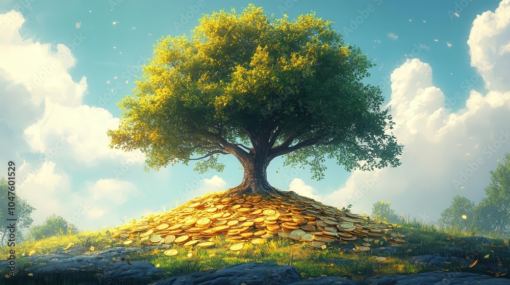 cartoon-style tree sprouting from a mound of shiny gold coins, symbolizing financial growth, with cheerful colors and a whimsical, playful atmosphere