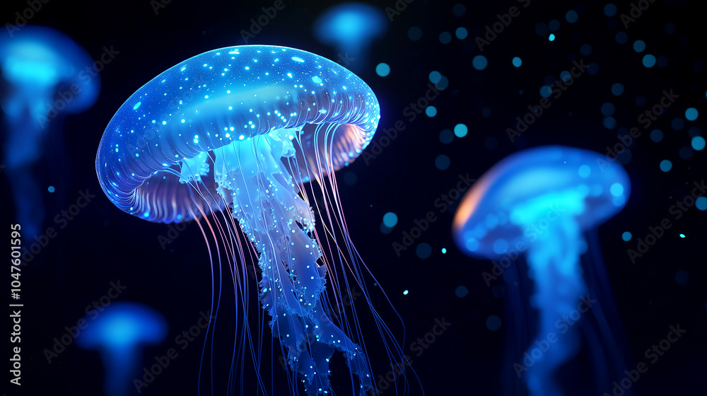 Fototapeta premium A mesmerizing close-up of glowing jellyfish floating in a dark, deep-sea environment.