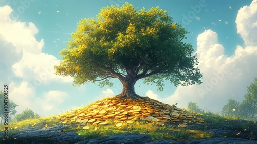 Obraz na płótnie cartoon-style tree sprouting from a mound of shiny gold coins, symbolizing financial growth, with cheerful colors and a whimsical, playful atmosphere w salonie