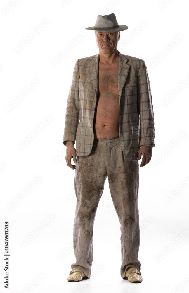 cheerful man tramp in jacket on white background cheerful man tramp in jacket on white background
