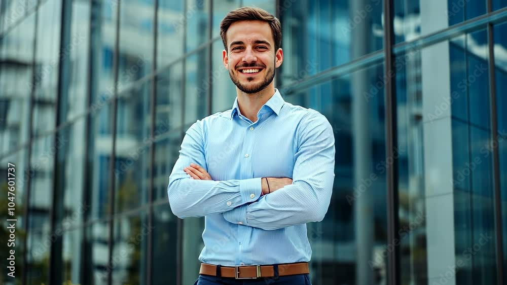 A young man in a blue shirt stands in front of a glass building with his arms crossed A young man in a blue shirt stands in front of a glass building with his arms crossed