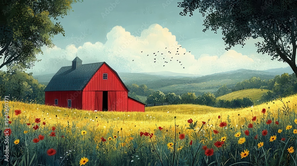 charming cartoon-style farm illustration featuring a vibrant barn amidst lush greenery, capturing the essence of rural life and nature's beauty in a playful and inviting manner