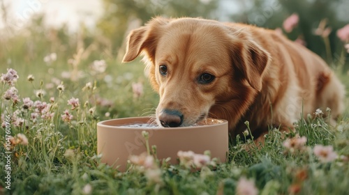 A golden dog quenching its thirst from a bowl amidst vibrant wildflowers, capturing a serene moment of nature and companionship in a lush, blooming field.