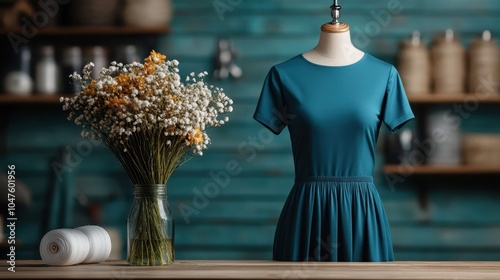 Mannequin displays a teal dress beside a vase of delicate flowers, capturing a harmonious blend of fashion and natural beauty in a cozy, creative setting. photo