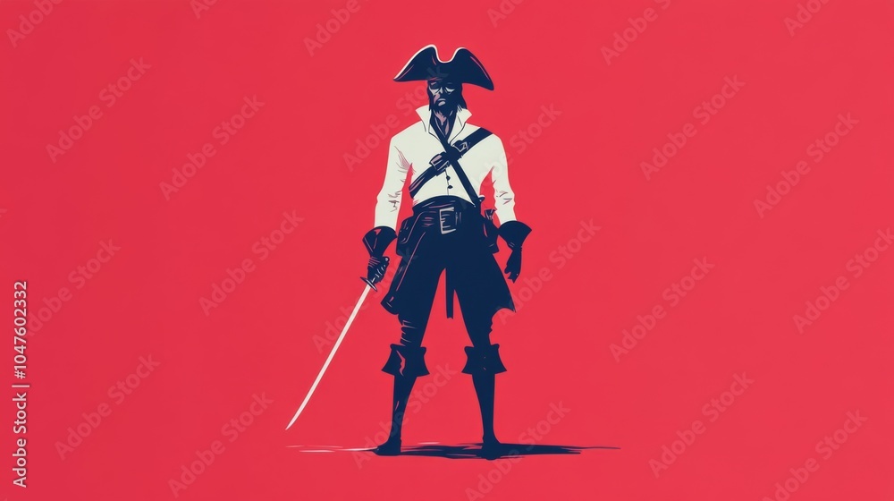A stylized illustration of a pirate with a sword in a red background. A stylized illustration of a pirate with a sword in a red background.