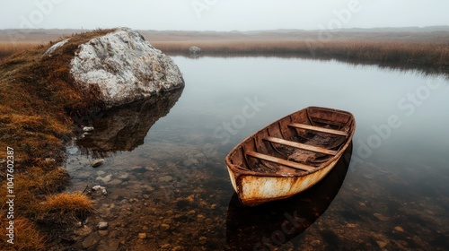 An aged wooden canoe lies abandoned next to a rock in a still marsh river surrounded by serene landscapes, evoking a sense of history, nature, and peacefulness.