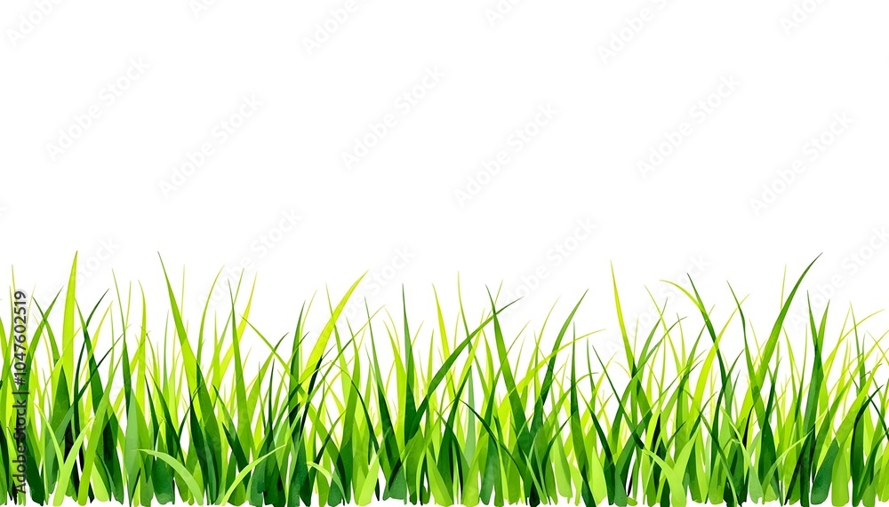 Fototapeta premium Beautiful watercolor art of green grass set against a white background. Watercolor of green grass side view isolated on a white background. watercolor painting of green grass border 