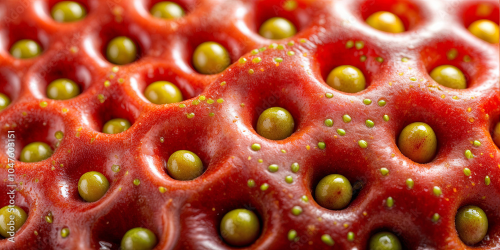 A detailed close-up reveals the rich red texture of strawberry skin, with small seeds nestled in distinctive pits, highlighting nature's intricate design A detailed close-up reveals the rich red texture of strawberry skin, with small seeds nestled in distinctive pits, highlighting nature's intricate design