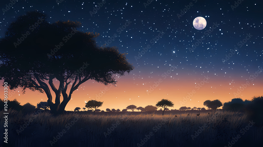 Experience the serene nights of the african savanna, where natural darkness enhances peaceful slumber under a starlit sky. Savanna Night Sky. Illustration Experience the serene nights of the african savanna, where natural darkness enhances peaceful slumber under a starlit sky. Savanna Night Sky. Illustration