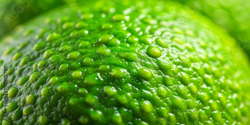 A close-up view of a fresh lime, showcasing its bright green skin covered in water droplets, emphasizing its juiciness and freshness