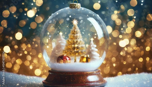Magical Snow Globe with Christmas Trees and Golden Bokeh Lights